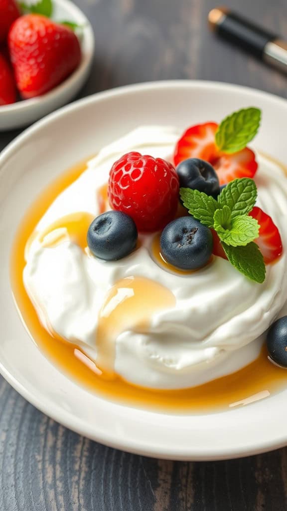 A bowl of Greek yogurt topped with honey, blueberries, raspberries, strawberries, and mint leaves, with another bowl of strawberries in the background.