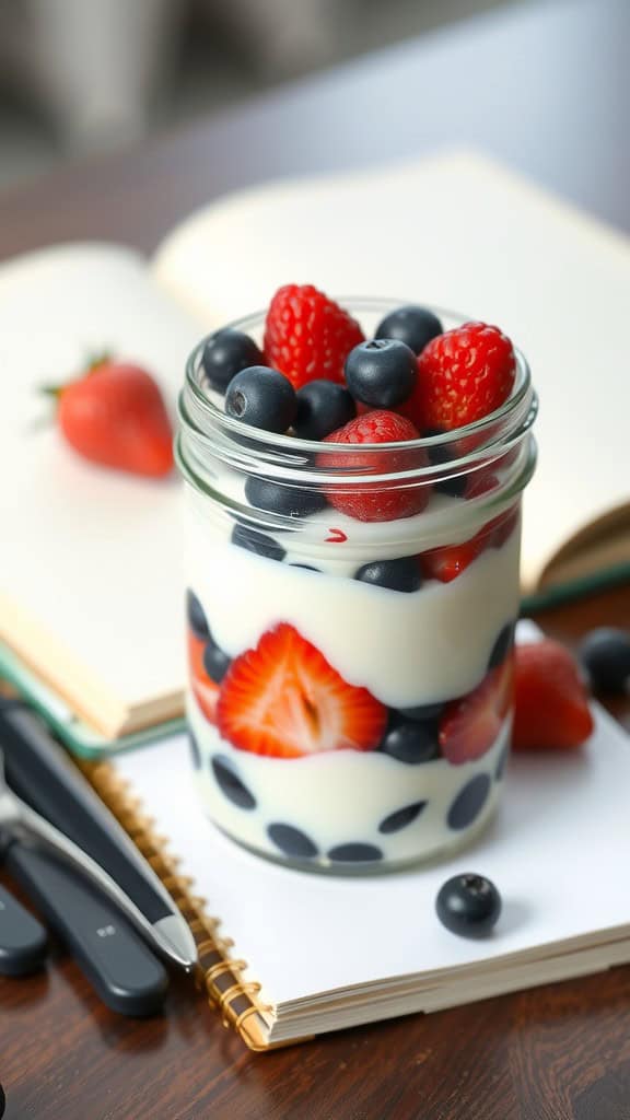 A jar filled with layers of Greek yogurt and mixed berries, placed on a table with a notebook.