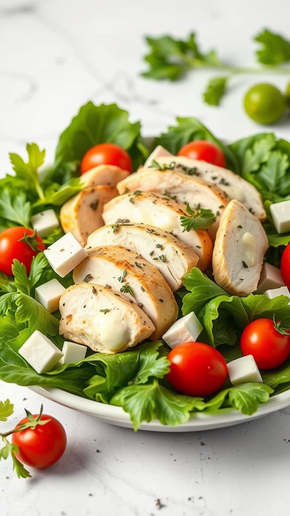 A bowl of Greek yogurt chicken salad with cherry tomatoes and greens.