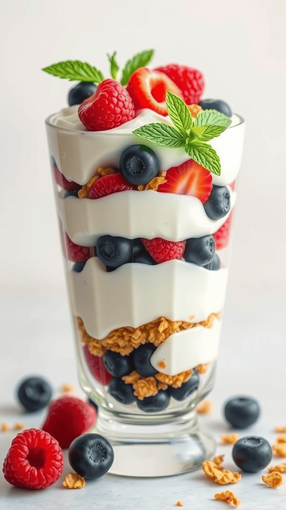 A delicious Greek yogurt parfait with layers of yogurt, granola, strawberries, blueberries, and raspberries, garnished with mint leaves.