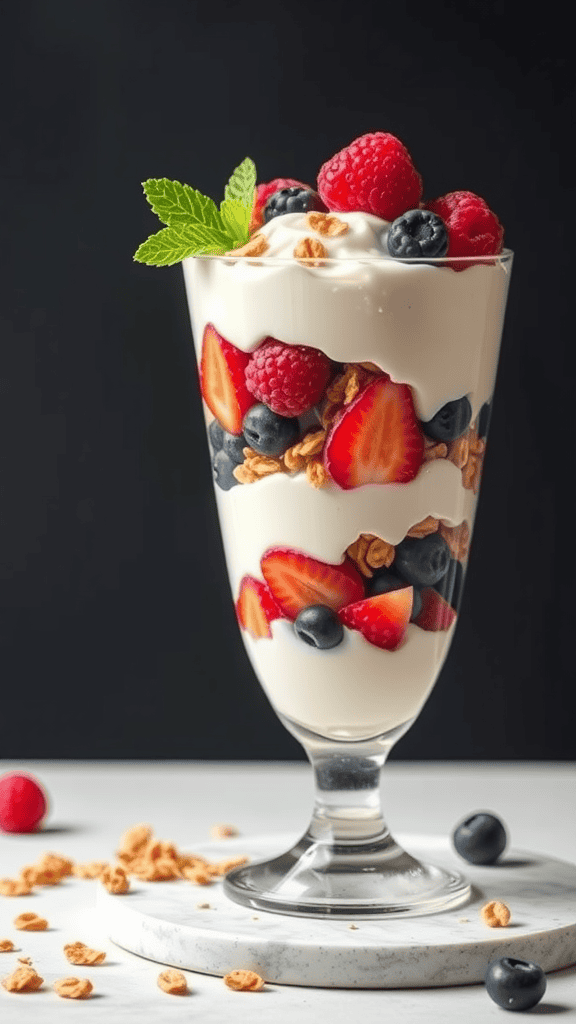 A delicious Greek yogurt parfait with layers of yogurt, strawberries, blueberries, raspberries, and granola, garnished with mint.