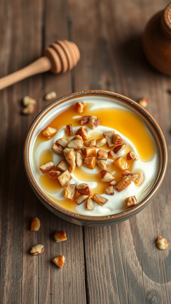 A bowl of Greek yogurt topped with honey and chopped nuts on a wooden table.