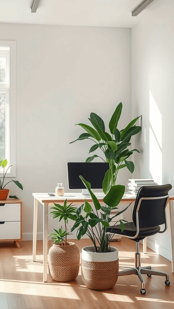 A modern workspace featuring a desk with plants, a computer, and a chair.