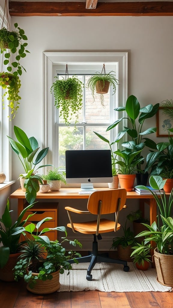 A cozy home office with a wooden desk, an iMac, and various indoor plants.