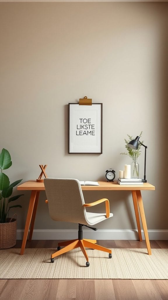 Cozy home office with greige walls and a wooden desk