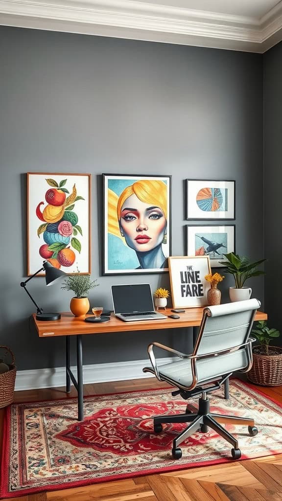 A stylish workspace featuring grey walls, vibrant artwork, and a wooden desk with a laptop.