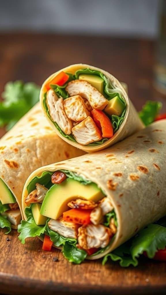 A delicious grilled chicken and avocado wrap with colorful vegetables