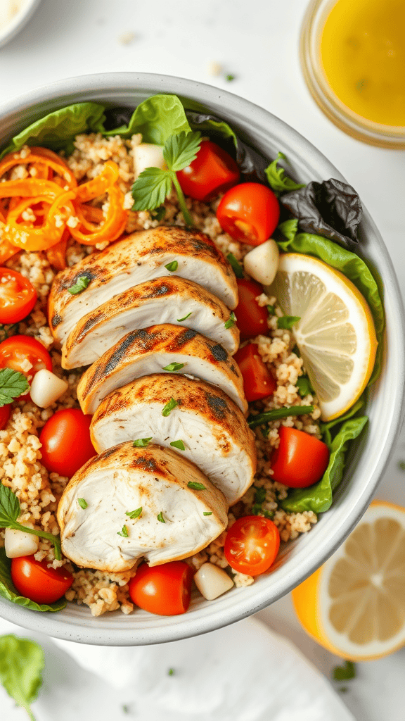 A delicious bowl of grilled chicken and quinoa salad with cherry tomatoes, lettuce, and lemon.