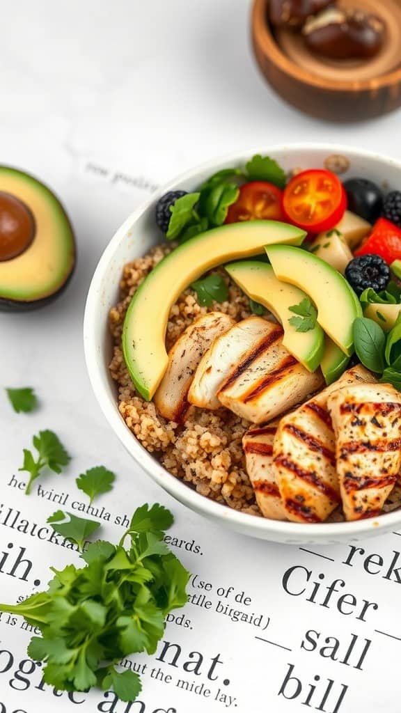 A delicious grilled chicken quinoa bowl with avocado, cherry tomatoes, and greens.