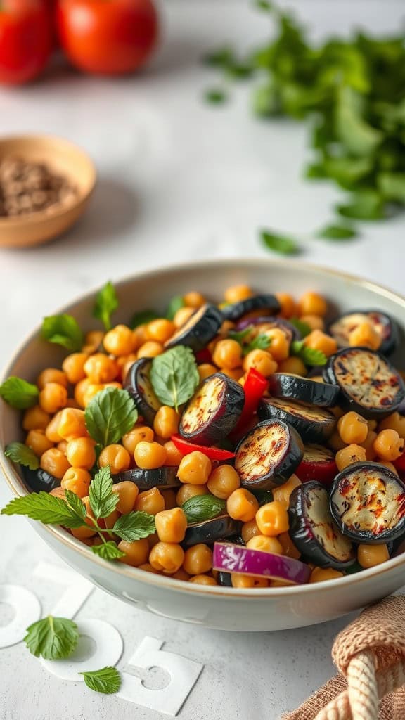 A colorful bowl of grilled eggplant and chickpea salad with fresh herbs and veggies.