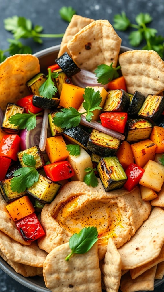 A bowl filled with grilled vegetables, hummus, and pita chips garnished with fresh parsley