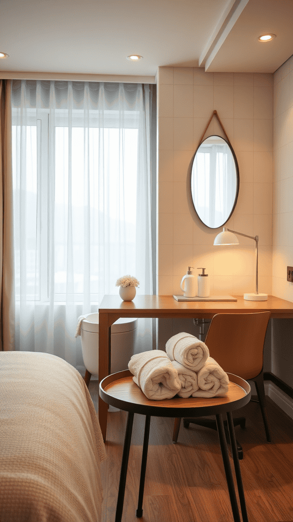 A cozy guest room featuring a neatly made bed, towels on a tray, a modern desk with a lamp, and a bright window.