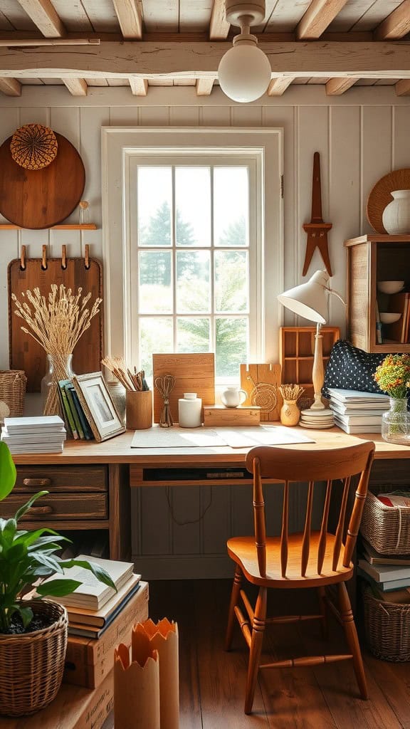 A cozy and minimalistic home office with wooden furniture and natural light.