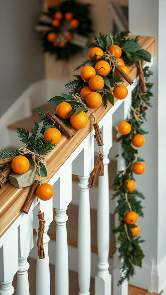 A decorative garland made of oranges and cinnamon sticks draped along a stair railing.