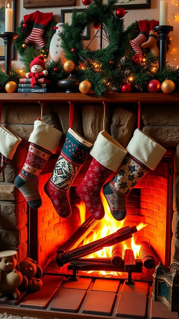 Handmade stockings hanging by a fireplace decorated for Christmas.