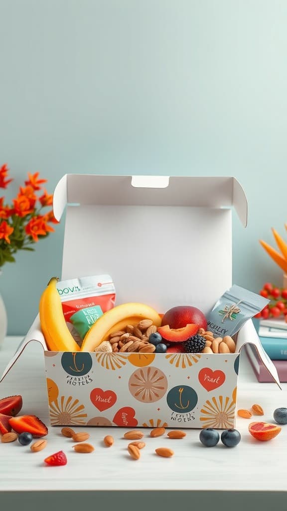 A healthy snack box filled with fruits, nuts, and snacks on a table.