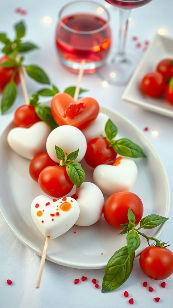 Heart-shaped Caprese salad skewers with cherry tomatoes and basil on a plate