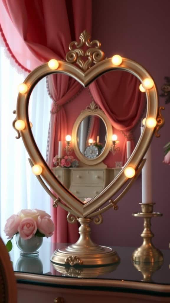 A heart-shaped desk mirror surrounded by soft pink curtains and decor