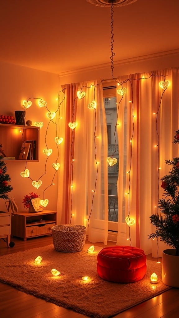 A cozy room decorated with heart-shaped string lights, creating a warm and inviting atmosphere.