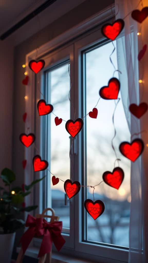 A garland of red hearts hanging in front of a window, with a soft sunset glow outside and a decorative bow nearby.