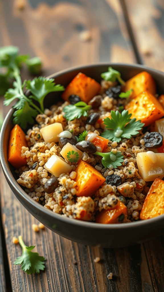 A hearty grain bowl featuring roasted butternut squash, black beans, grains, and fresh cilantro.