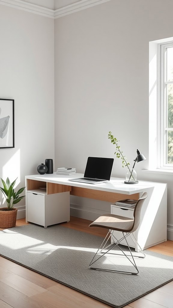 Minimalist home office with a desk that features hidden storage, a laptop, and a plant