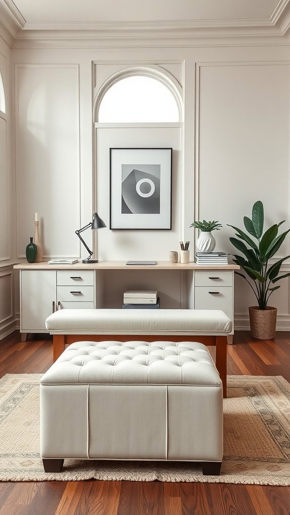 A cozy home office featuring a stylish desk, an ottoman, and a bench with hidden storage.