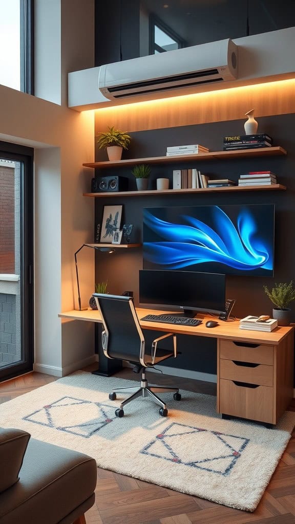 A modern luxury home office featuring a stylish desk with a large monitor, ergonomic chair, and decorative shelves.