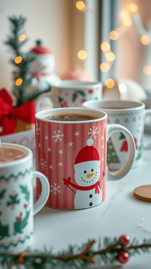 Colorful holiday-themed coffee mugs with snowman and Christmas designs.