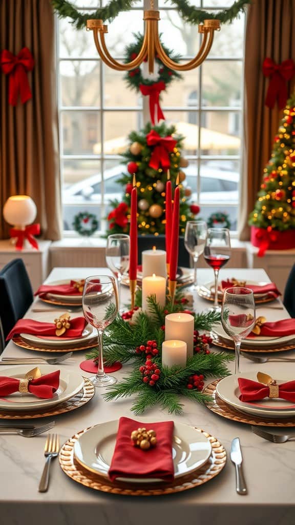 A holiday dining table set with red and gold decor, featuring candles and greenery.