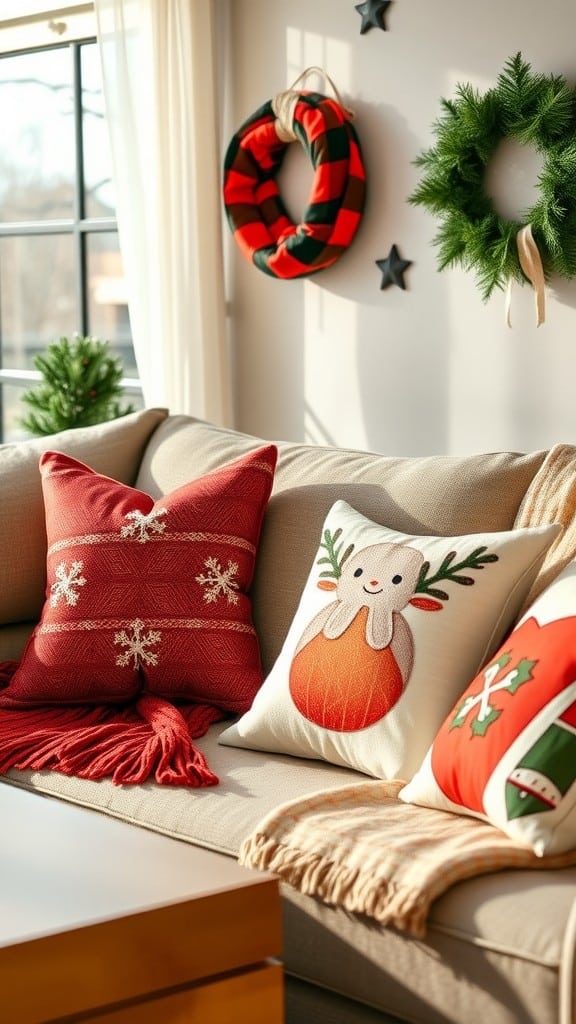 A cozy sofa adorned with holiday-themed throw pillows and a blanket, featuring festive colors and designs.