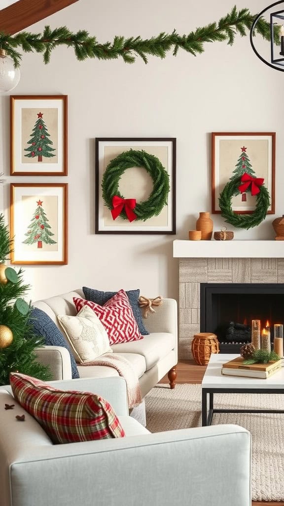 A cozy living room decorated for Christmas with wreaths and framed trees on the wall.