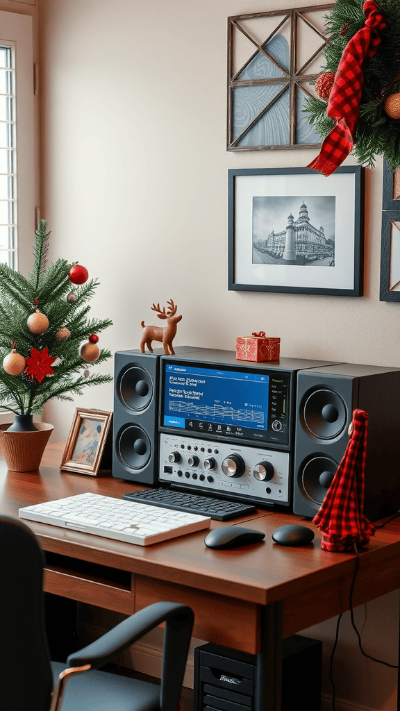 Cozy holiday music station with a sound system, Christmas tree, and decorations.