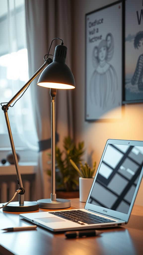 Stylish home office setup with a desk lamp and laptop