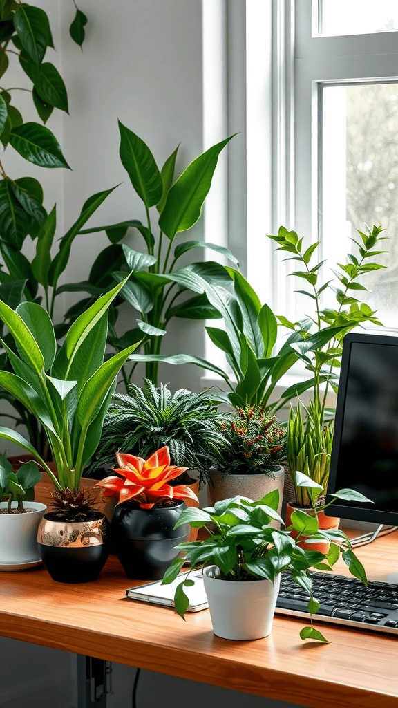 A bright home office with various green plants on a wooden desk next to a computer.