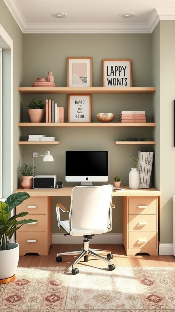 A serene home office with a light green wall, wooden shelves, a computer on the desk, potted plants, and decorative artwork.