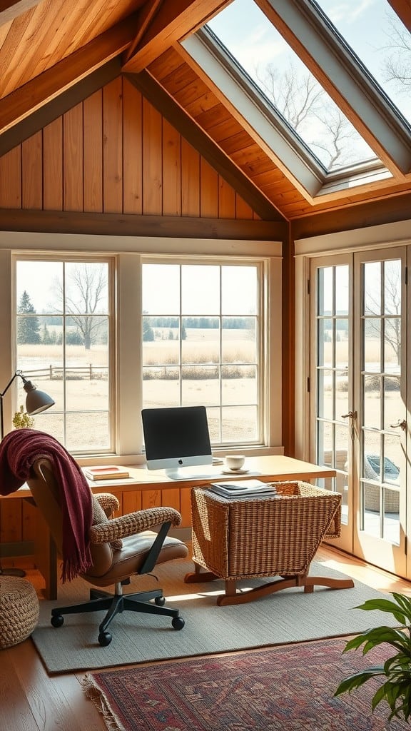 Cozy home office with large windows and a view of nature