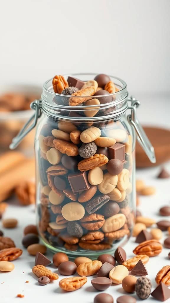 A jar filled with homemade trail mix including nuts and chocolate.