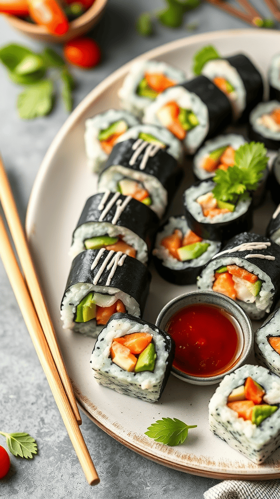 A plate of homemade vegetable sushi rolls with dipping sauce and fresh ingredients.