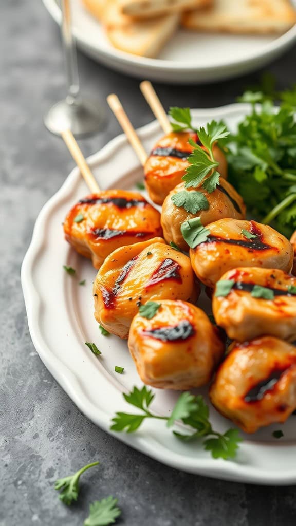 Plate of honey garlic chicken skewers garnished with fresh herbs