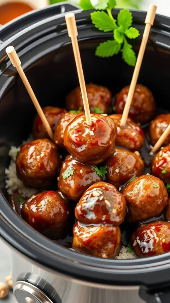 A close-up of honey garlic meatballs in a slow cooker, garnished with herbs and presented with skewers.