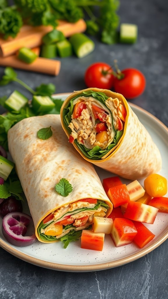 A plate with hummus and veggie wrap alongside fresh vegetables