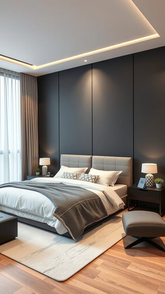 A modern and stylish bedroom with a cozy bed, smart lighting, and minimalist decor.