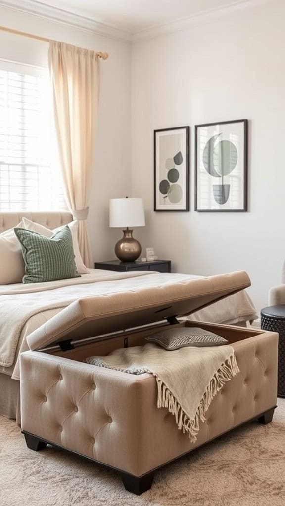 A beige tufted ottoman with an open top, revealing storage inside, placed in a cozy bedroom setting.