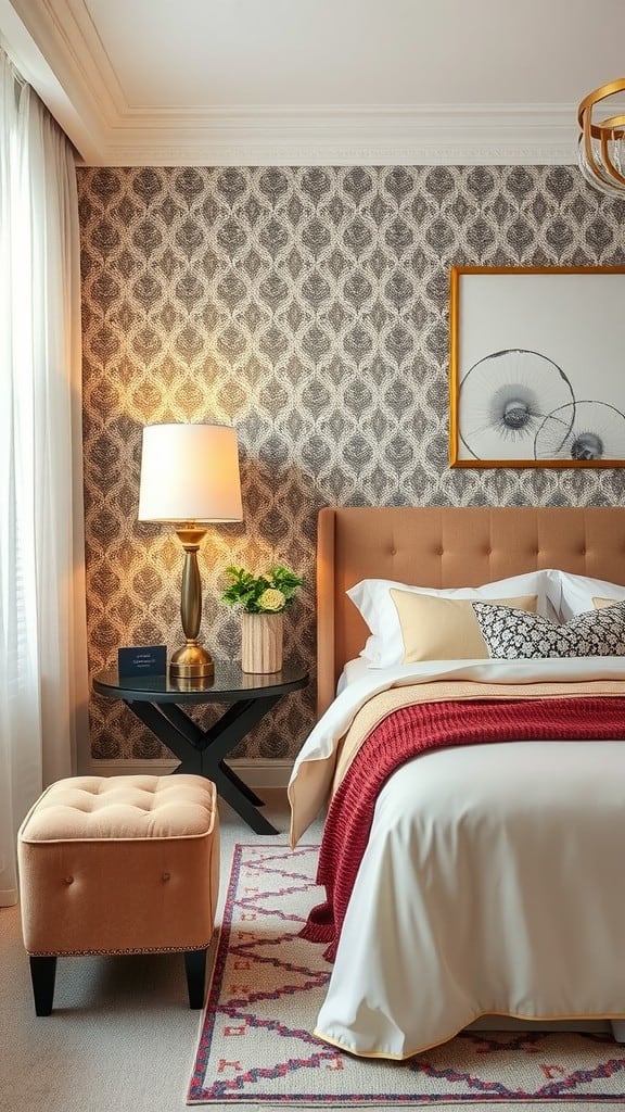 Stylish bedroom featuring a patterned wallpaper accent wall, golden lamp, and soft-toned bedding.