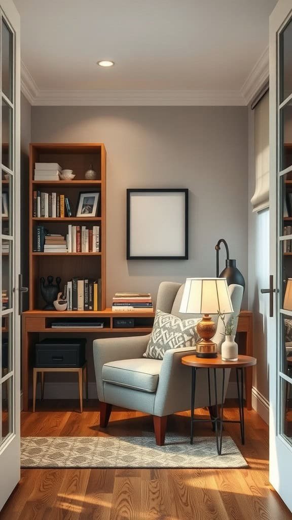 Cozy seating area featuring an armchair, side table, and bookshelf.