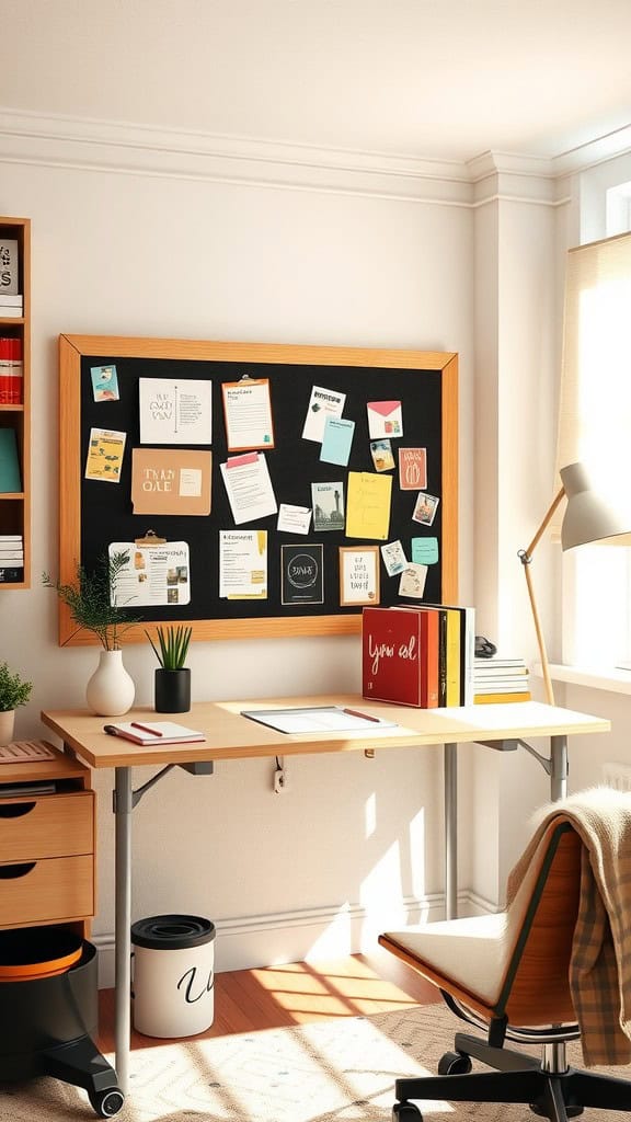 A well-organized dorm desk with a bulletin board filled with notes and decor.