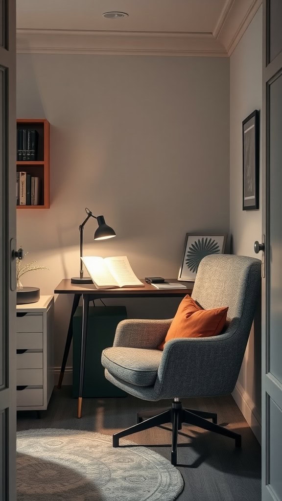 A cozy reading corner with a comfortable chair, desk, and bookshelves in a small office space.