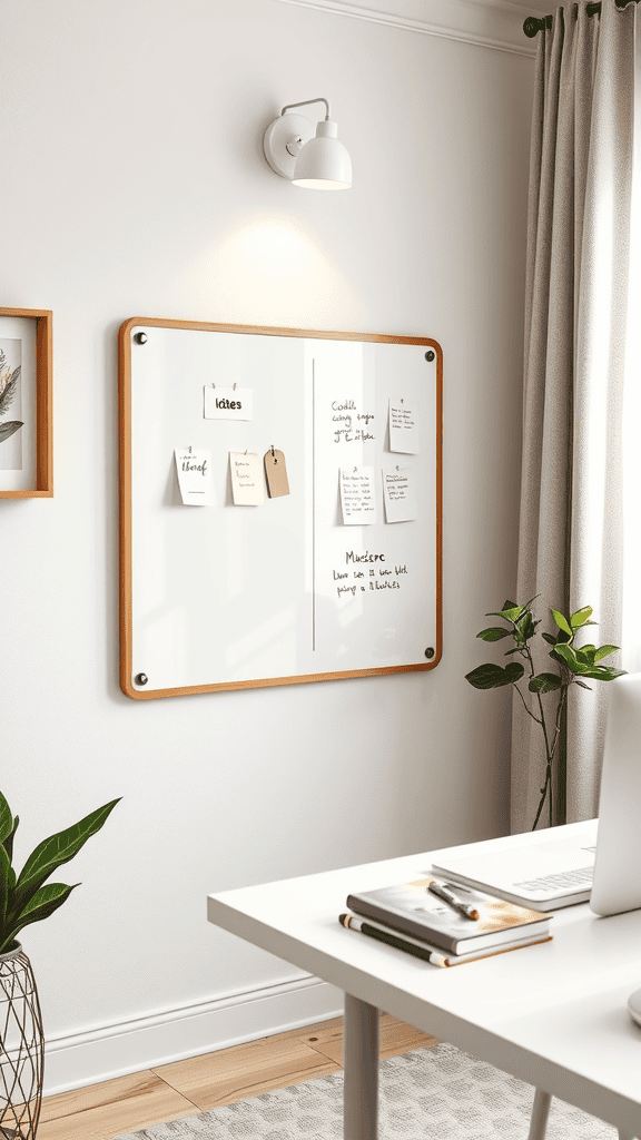 A stylish whiteboard mounted on a wall with notes and ideas pinned on it, next to a desk with a laptop and plants.