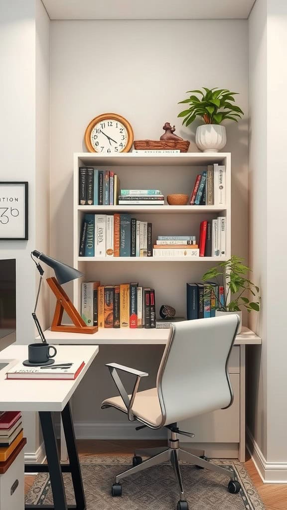 Cozy home office with a mini library and a desk